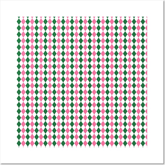 Green Pink and White Argyle Pattern Diamond Checks Wall Art by squeakyricardo